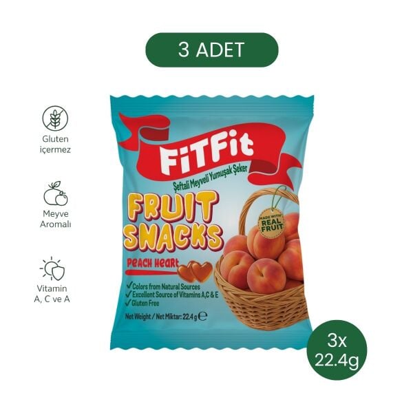 FiTFit Fruit Snacks Şeftali Meyveli Yumuşak Şeker - Gerçek Meyve Özlü, Glütensiz ve Vitaminli 22.4g x 3
