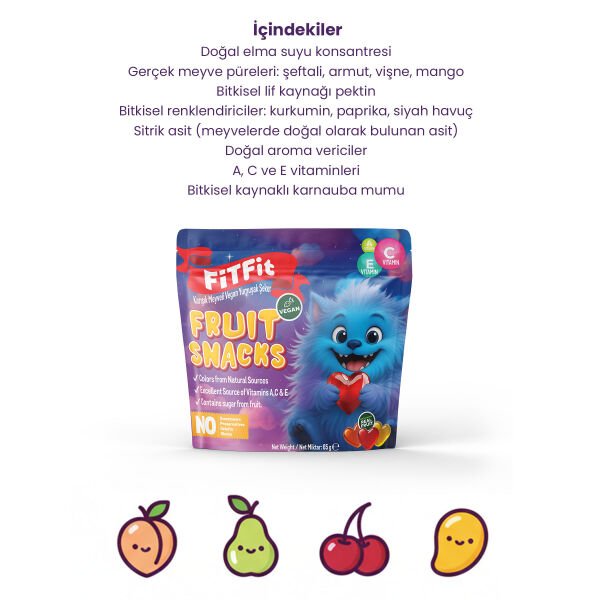 Karışık Vegan Yumuşak Şeker  | Vitamin A+C+E, Jelatinsiz & Glutensiz Doğal Atıştırmalık 65 gr x 5 Adet