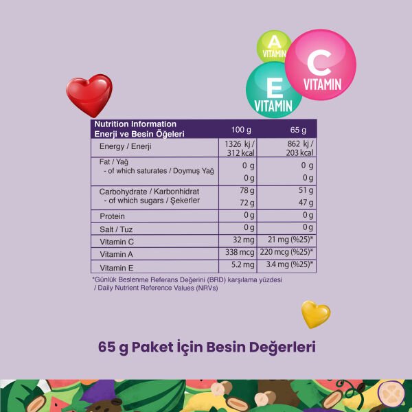 Karışık Vegan Yumuşak Şeker  | Vitamin A+C+E, Jelatinsiz & Glutensiz Doğal Atıştırmalık 65 gr x 5 Adet