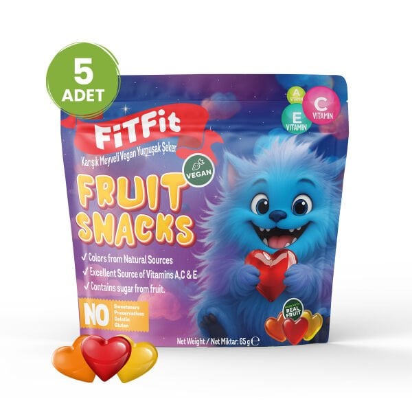 Karışık Vegan Yumuşak Şeker  | Vitamin A+C+E, Jelatinsiz & Glutensiz Doğal Atıştırmalık 65 gr x 5 Adet