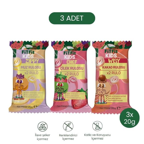 FitFit Kids 3’lü Rulo Deneme Paketi 20 g x 3 | Muz Rulosu – Kakao Rulosu – Çilek Rulosu