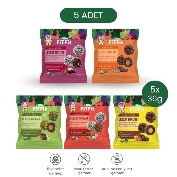 FitFit Lezzet Topları Deneme Paketi 5’li – 5 Farklı Çeşit 36g x 5 Adet