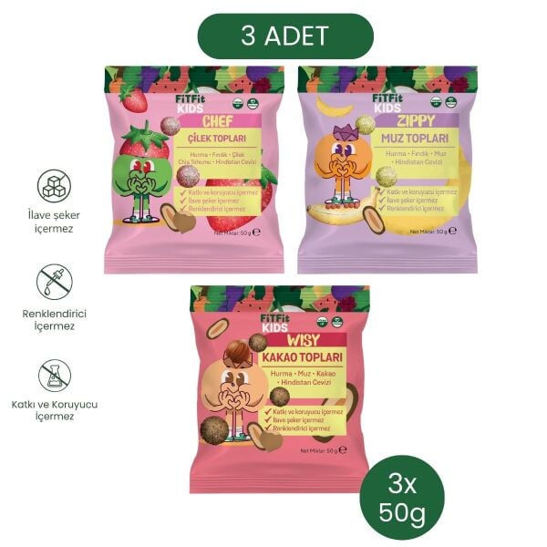 FitFit Kids Toplar 3’lü Deneme Paketi (Muz + Çilek + Kakao) 3 x 50 g