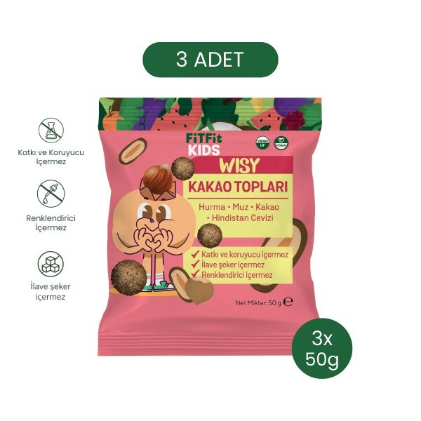 Kids Wisy Kakao Topları Doğal Hurma Muz Kakao Atıştırmalığı, Vegan Katkısız, Şekersiz 50 gr x 3 Adet