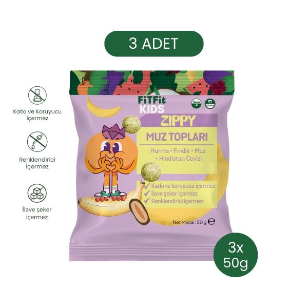 Kids Zippy Muz Topları | Hurma-Fındık-Muz, Katkısız, Vegan, Doğal Atıştırmalık, 3x50gr
