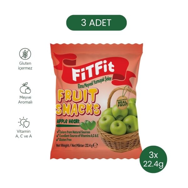FiTFiT Fruit Snacks Elma Meyveli Yumuşak Şeker - Gerçek Meyve Özlü, Glütensiz ve Vitaminli 22.4g x 3